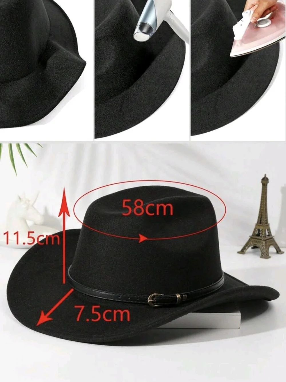 Womens Black Felt Cowboy Hat with Faux Leather Band - Picture 5 of 5